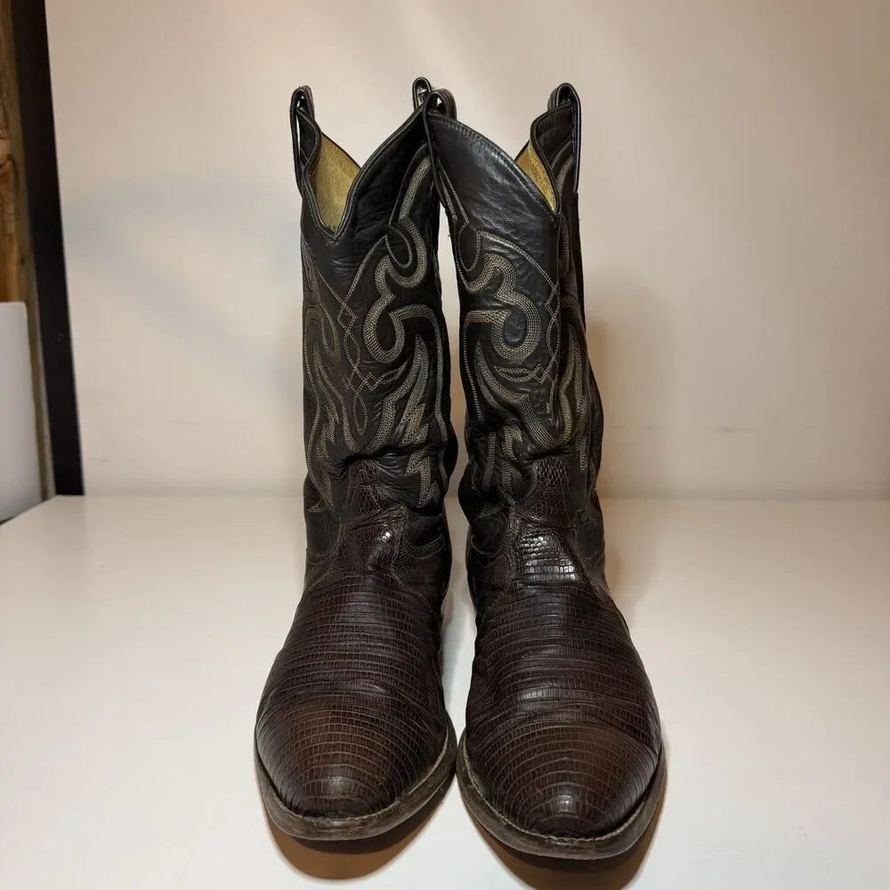 VTG Tony Lama 8536 Teju Lizard Leather Cognac Brown Cowboy Boots Men's Sz 11 D